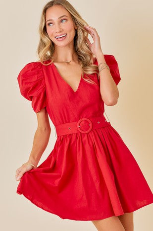 Run for the Roses Puff Sleeve Belted Mini Dress