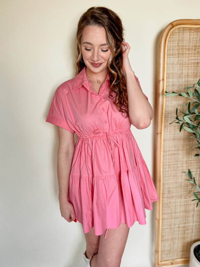 Pink Posies Poplin Drawstring Shirt Dress