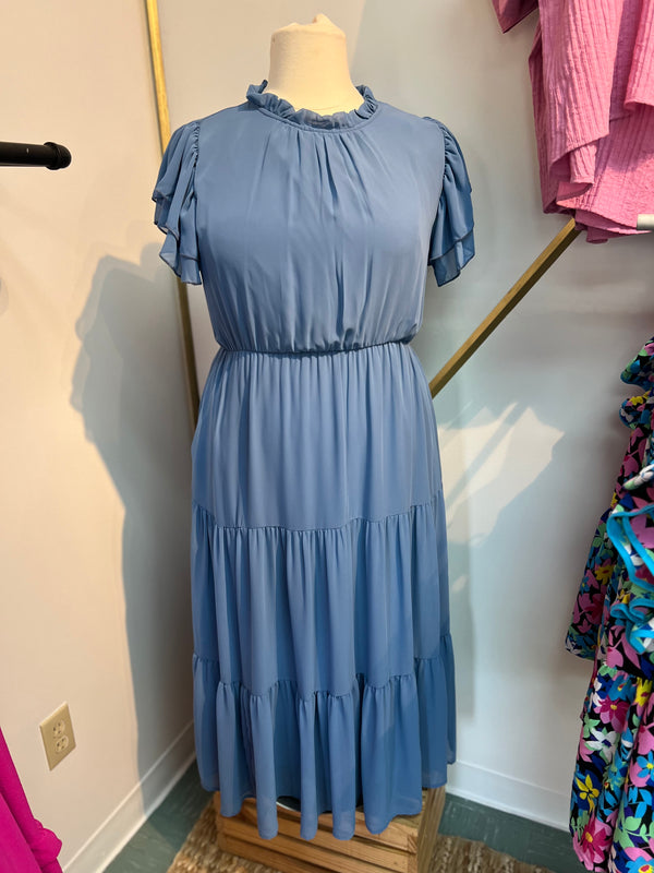 Curvy Blue Tiered Mock Neck Maxi Dress