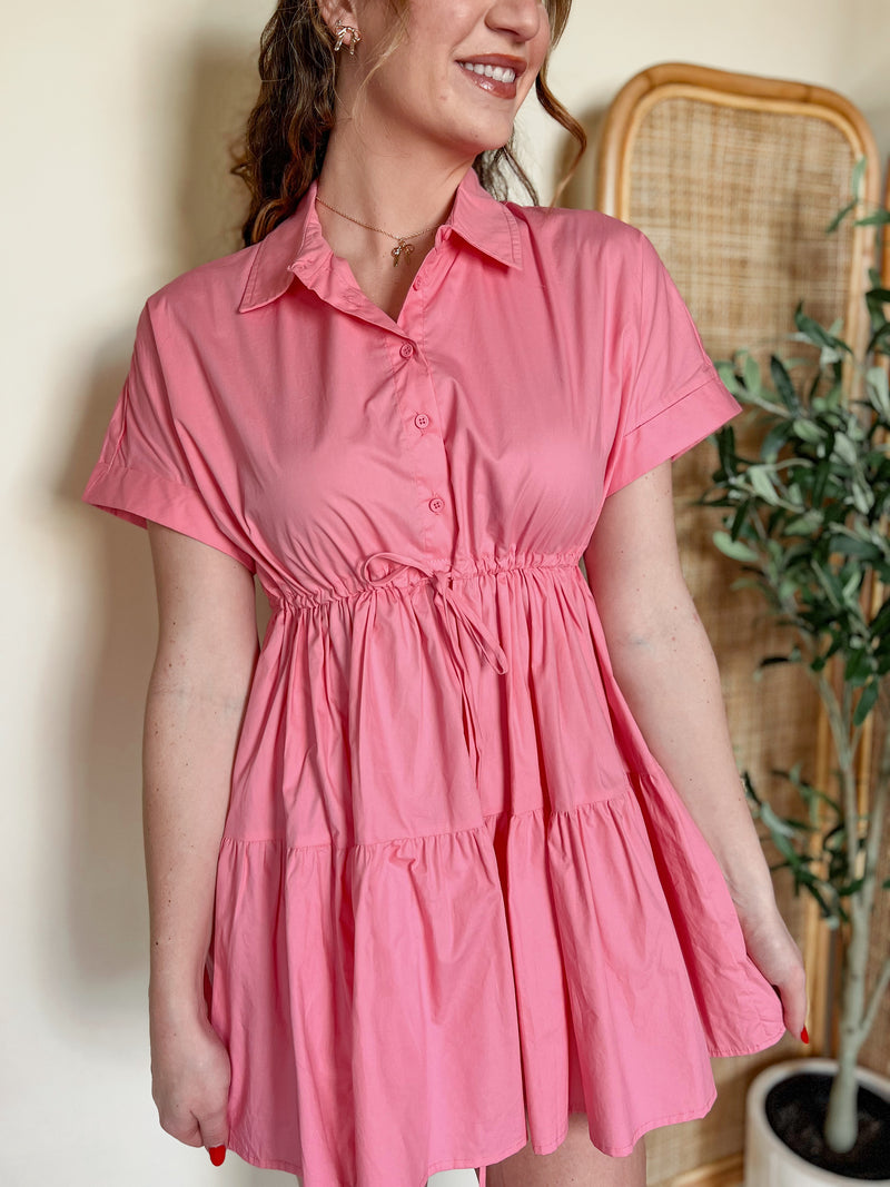 Pink Posies Poplin Drawstring Shirt Dress