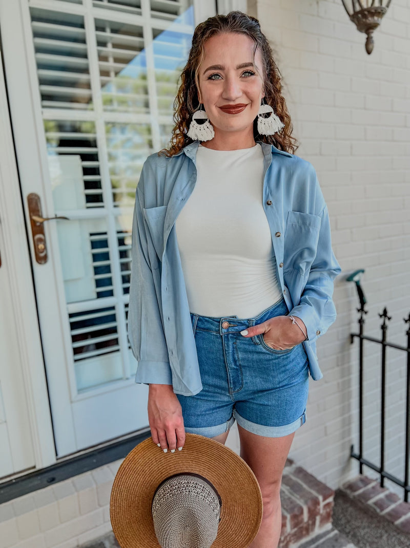 Chambray Oversized LS Button Down Top
