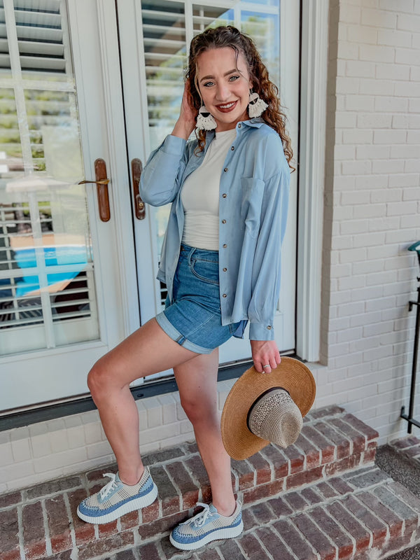 Chambray Oversized LS Button Down Top