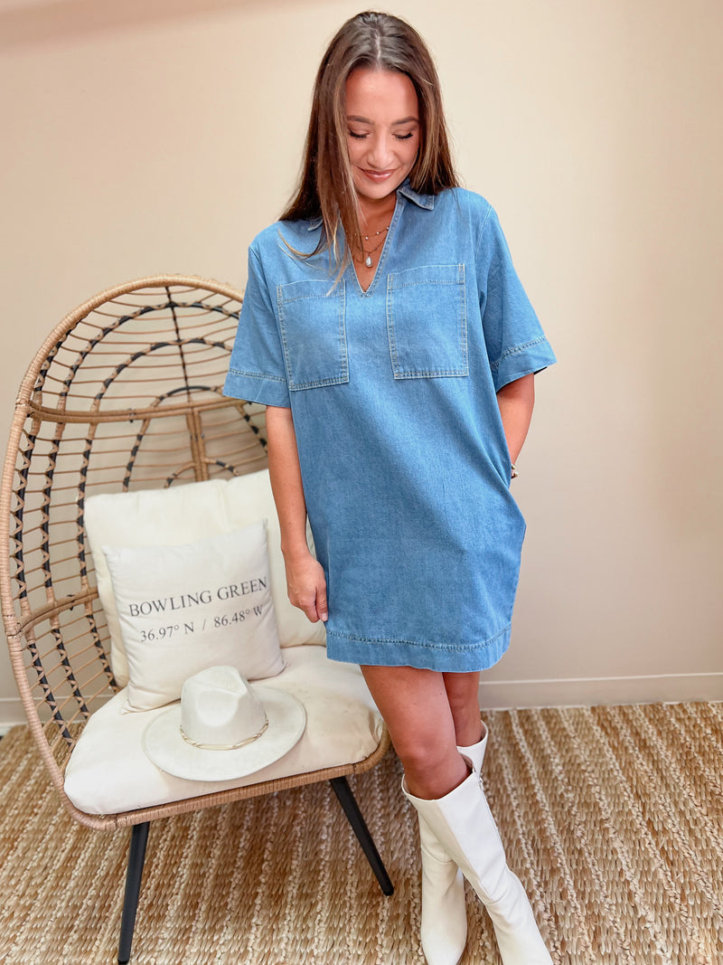 Johnny Collar Half Sleeve Denim Dress