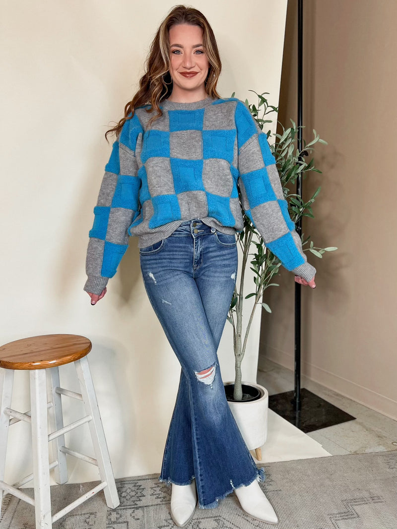 Gray Blue Checkered Sweater