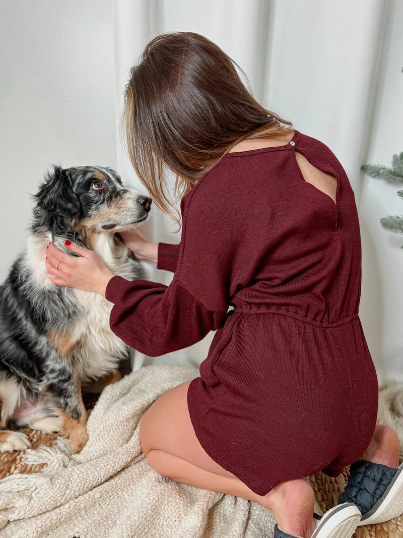 Burgundy Long Sleeve Lounging Romper