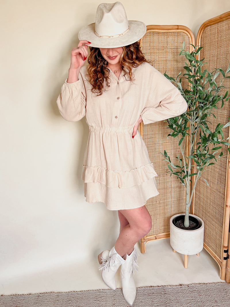 Effortlessly Chic Natural Balloon Sleeve Mini Dress