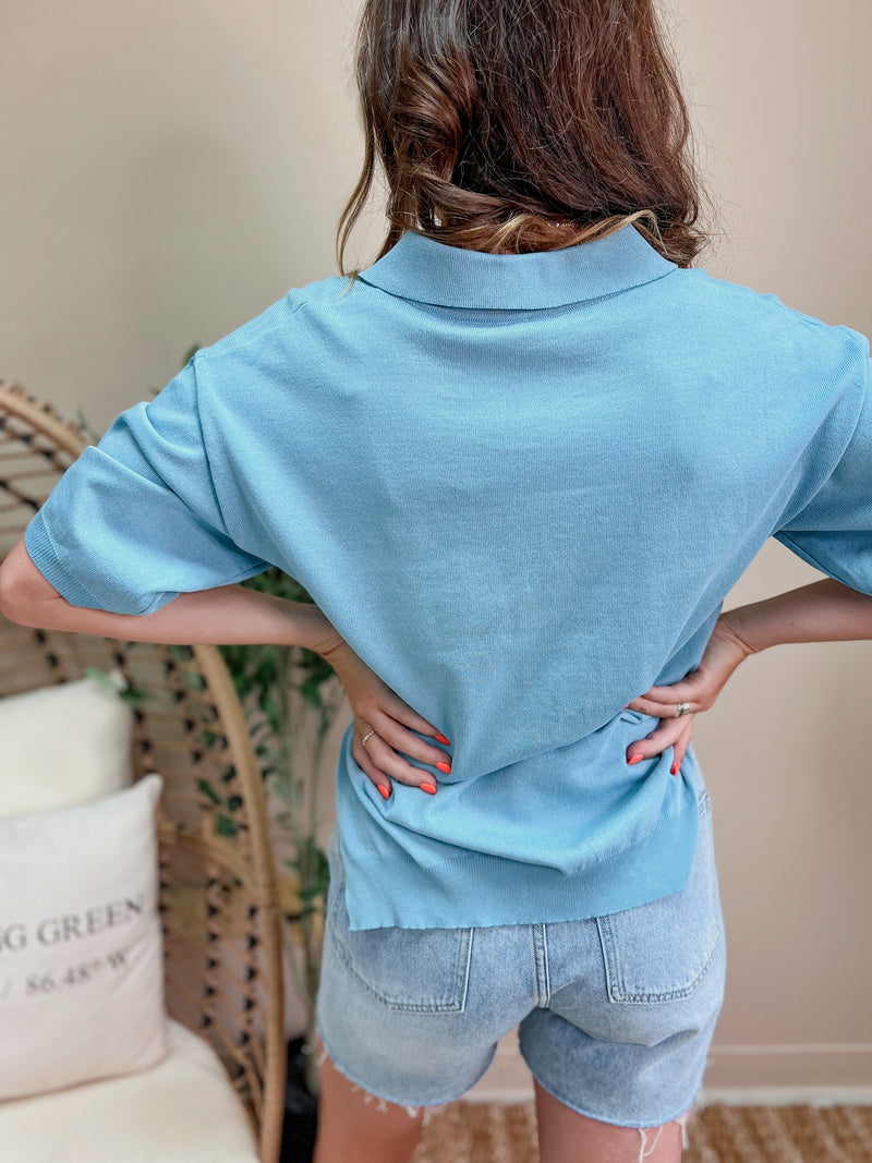 Light Blue Shirt Collar Light Knit Sweater Top (SM-XL)