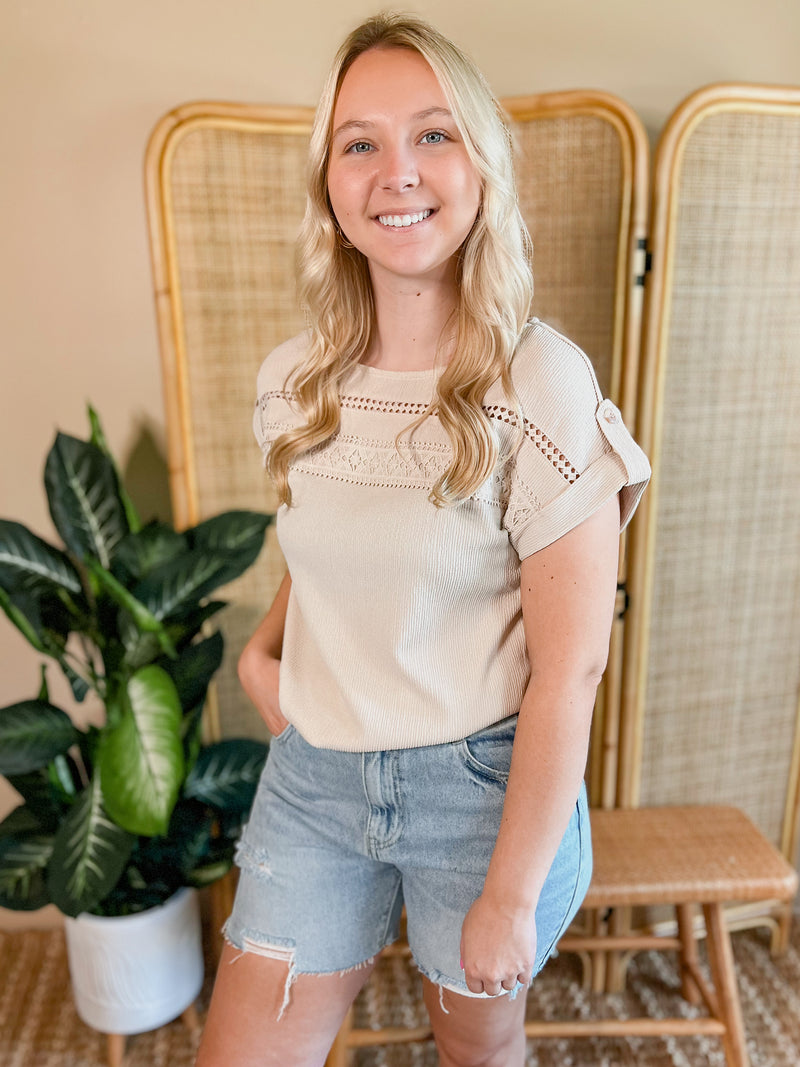 Taupe Crinkle Lace Trim Top