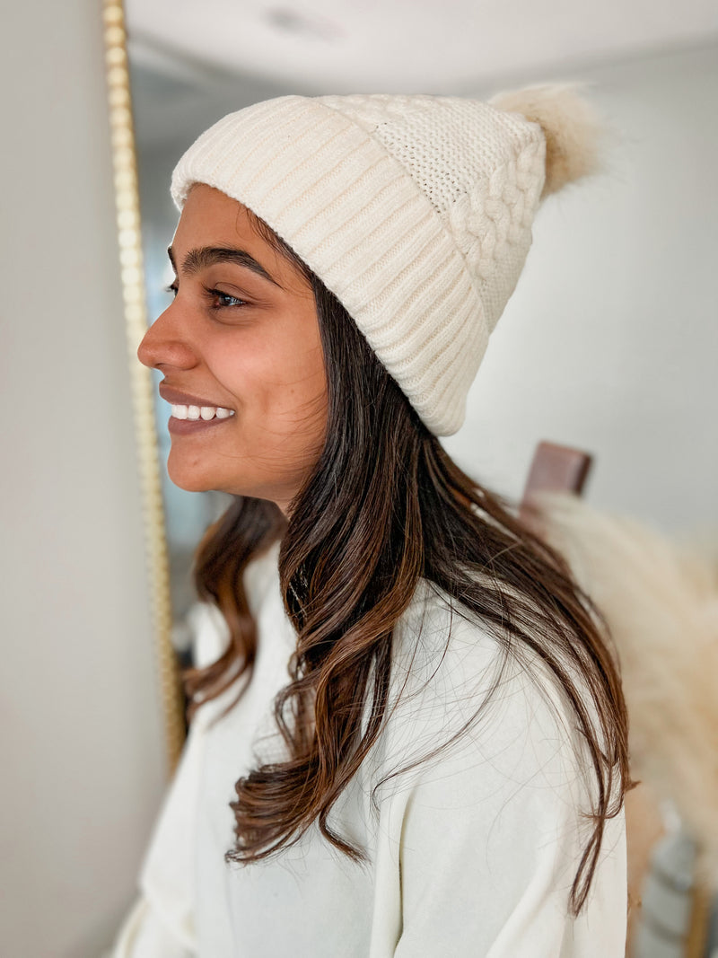 Ivory Cable Knit Beanie with Ivory Pom