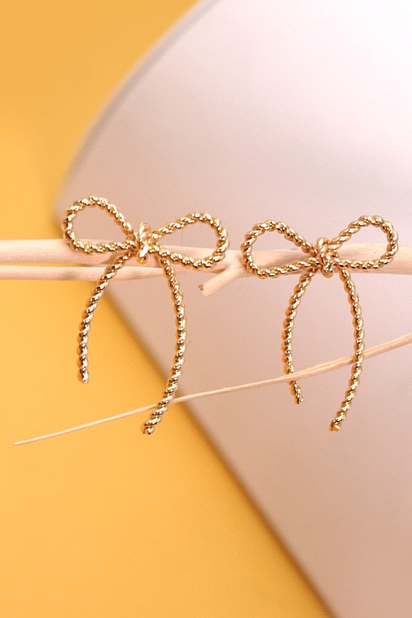 Gold Rope Bow Design Stud Earrings