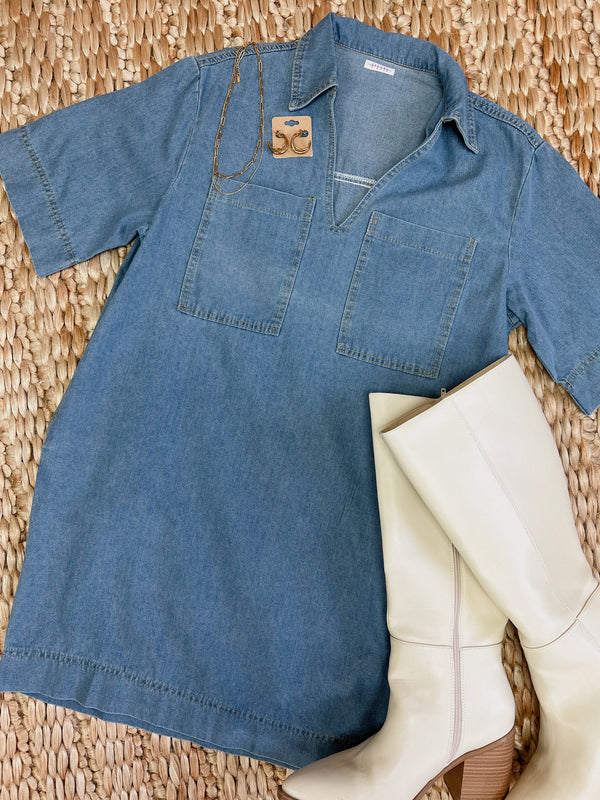 Johnny Collar Half Sleeve Denim Dress