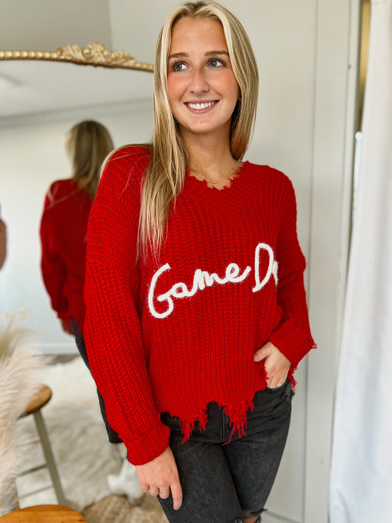 Game Day Corded Knit Distressed Sweater
