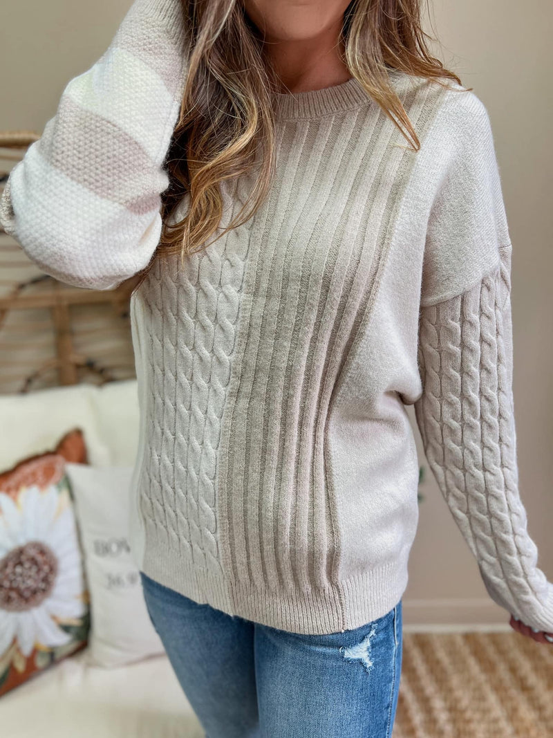 Cable-Knit Color Block Round Neck Sweater (S-XL)