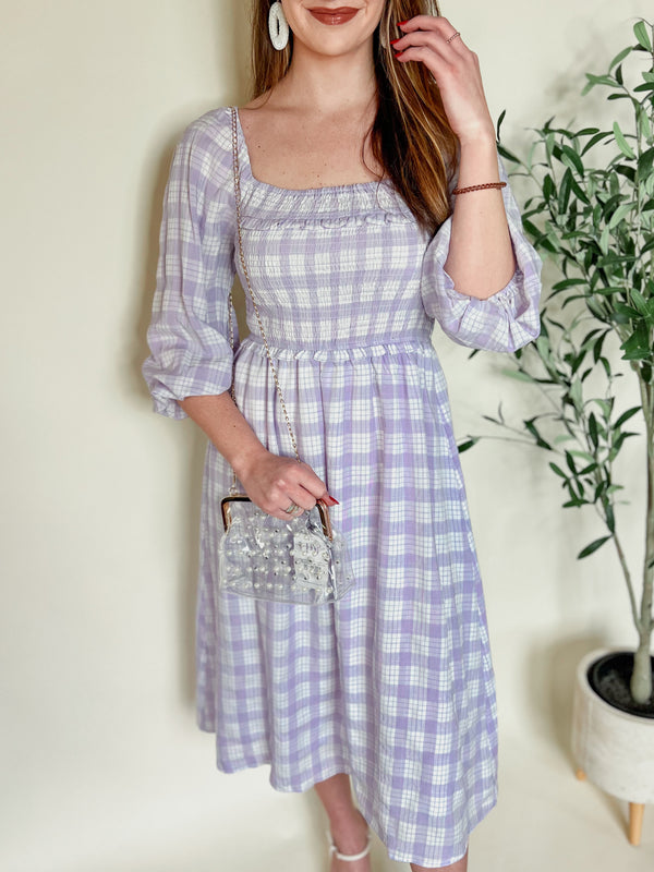 Lavender Gingham Print Smocked Midi Dress