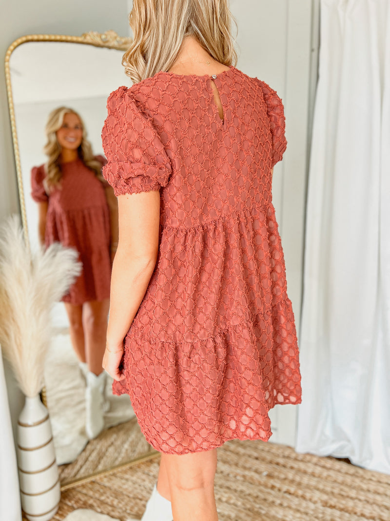 Cinnamon Puff Sleeve Textured Dress