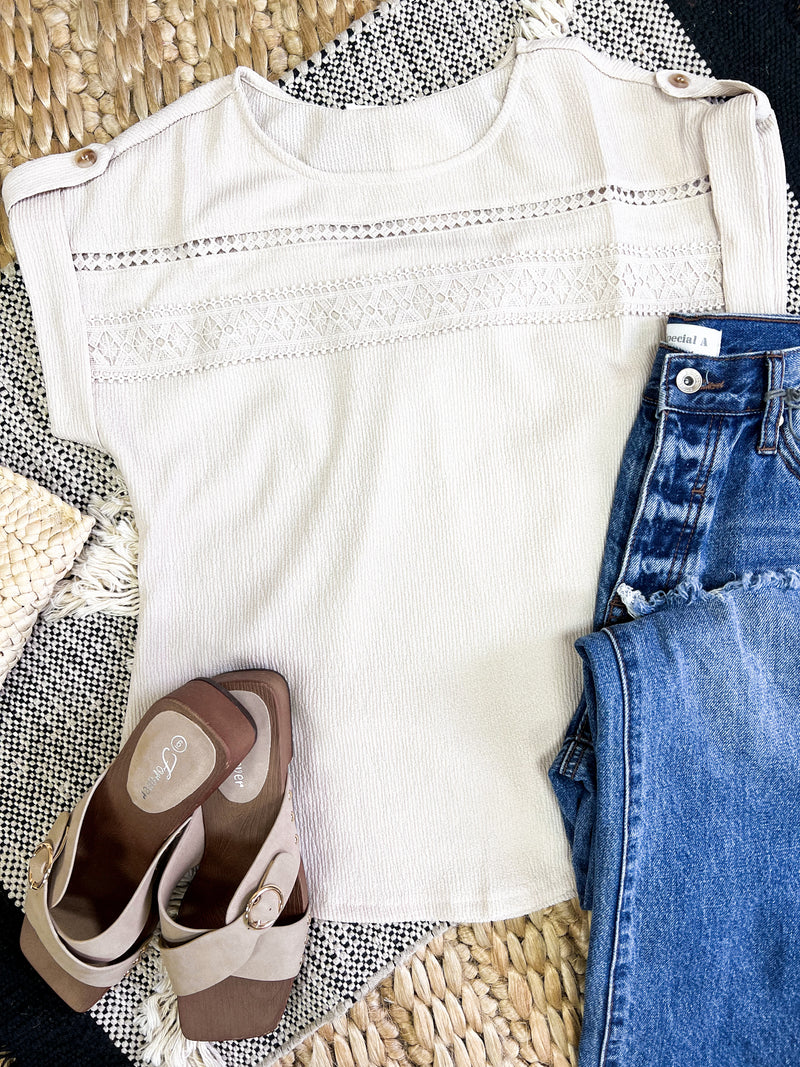 Taupe Crinkle Lace Trim Top