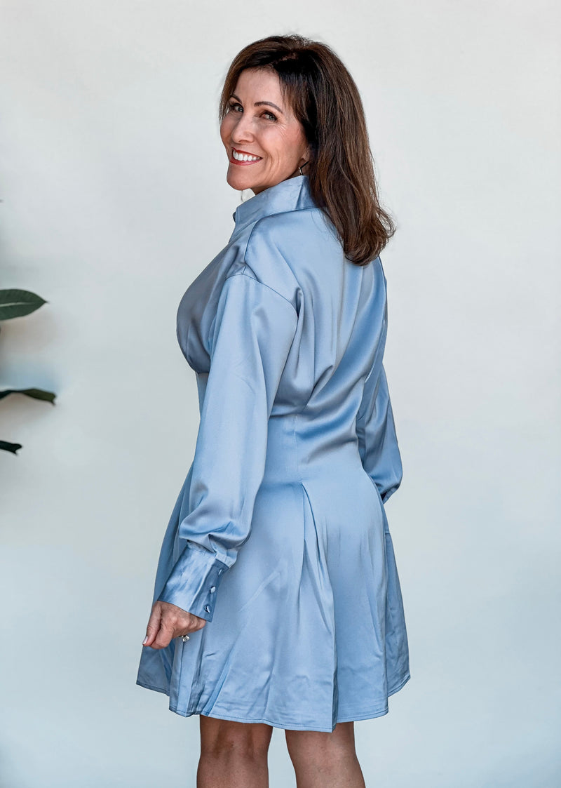 Light Blue L/S Satin Shirt Mini Dress