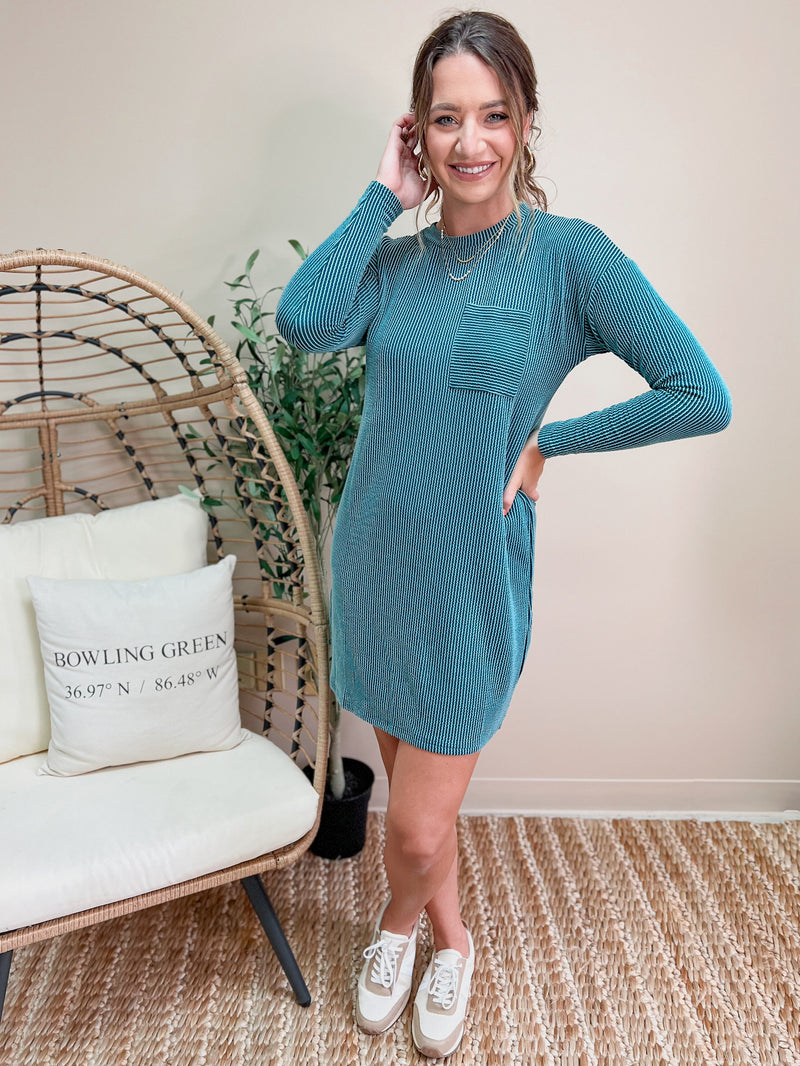 Ribbed Long Sleeve Round Neckline Dress (SM-2X)