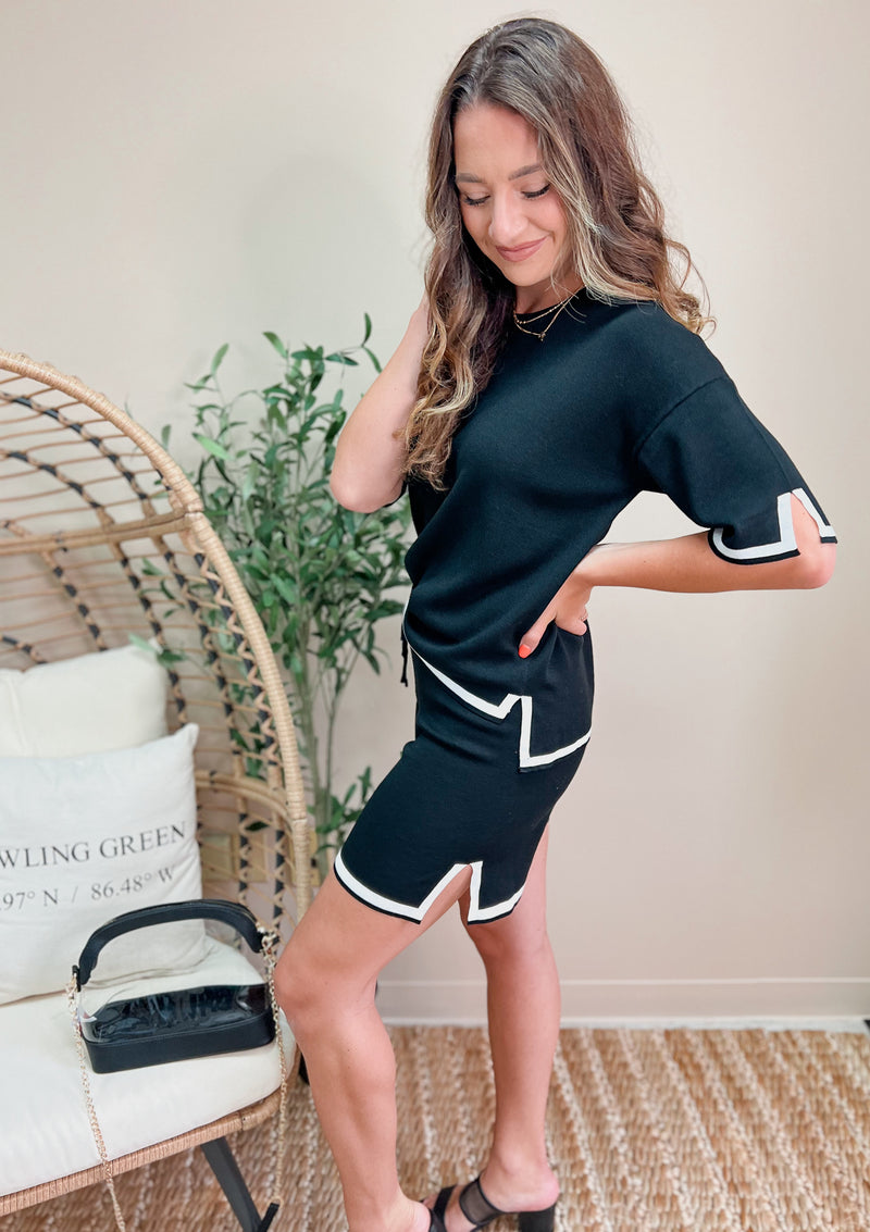 Black Contrast Trim Tie Waist Shorts