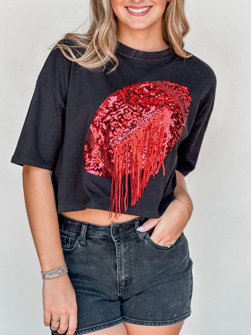 Sequin Gameday Football Fringe Crop Top - Black - H&O