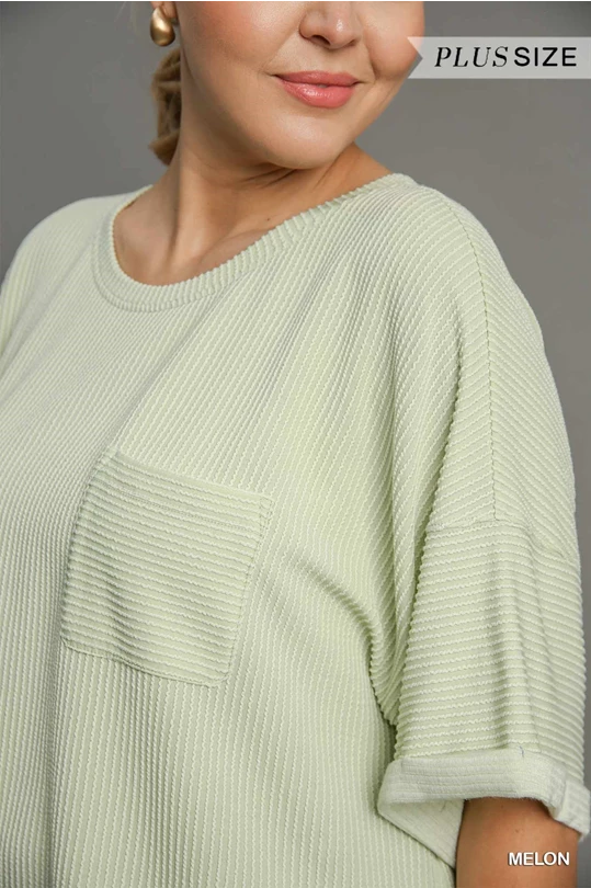 Curvy Melon Textured Top with Pocket Detail