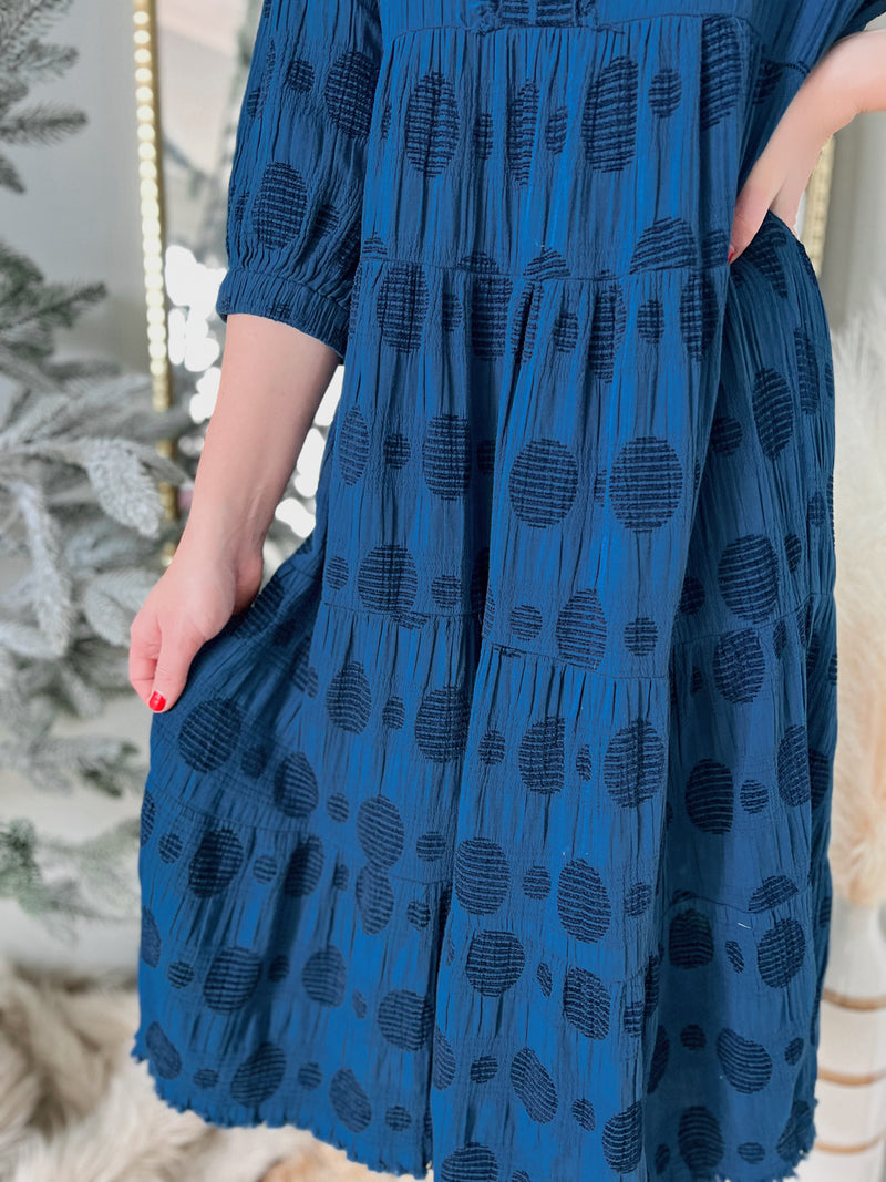Teal Blue Tiered Dotted Midi Dress