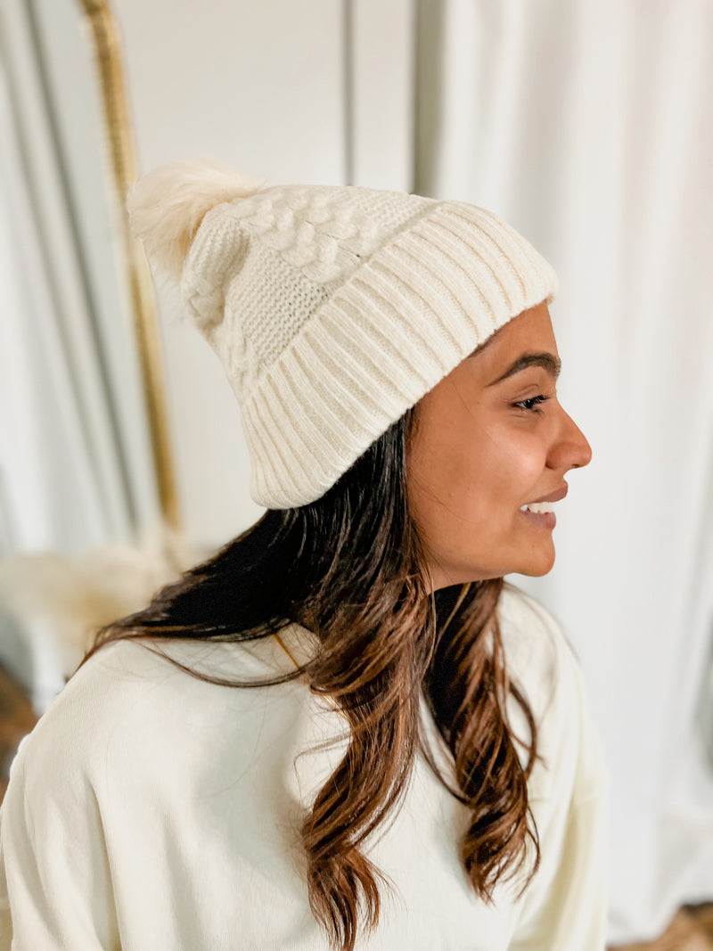 Ivory Cable Knit Beanie with Ivory Pom