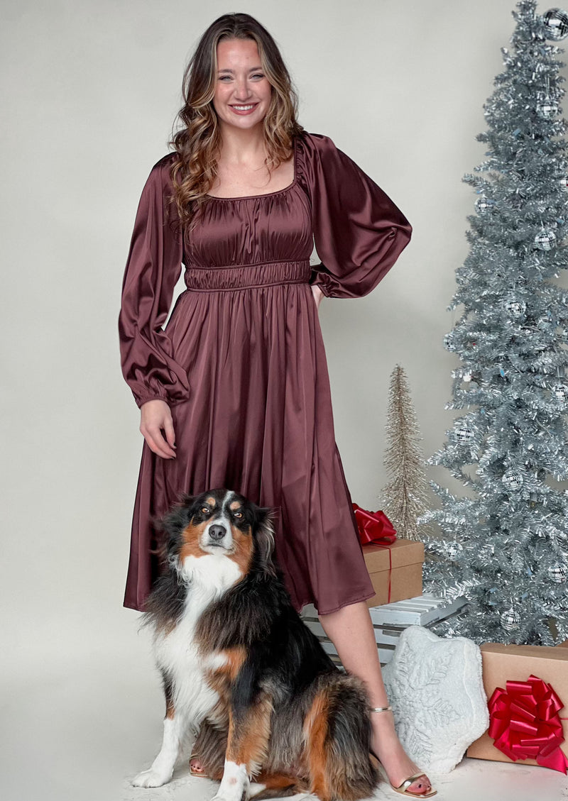 Burgundy Empire Waist Long Sleeve Satin Midi Dress