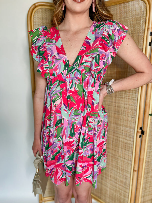 Hello Tropics Fuchsia Ruffle Shoulder Dress