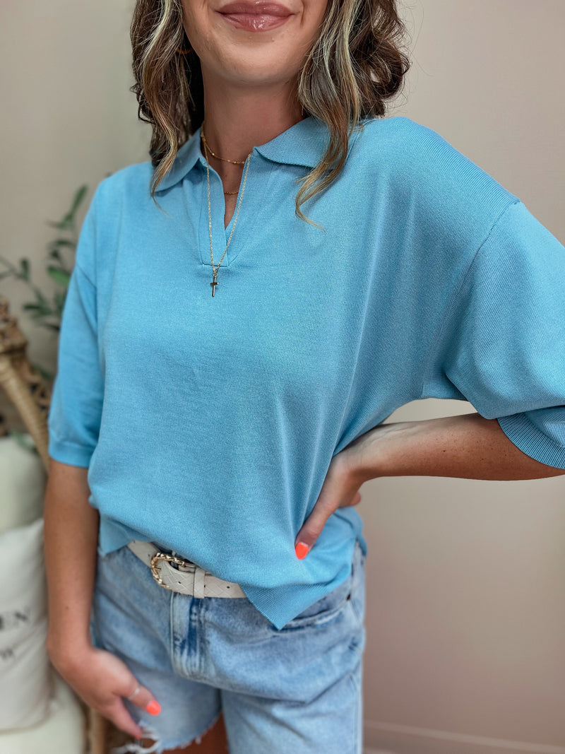 Light Blue Shirt Collar Light Knit Sweater Top (SM-XL)