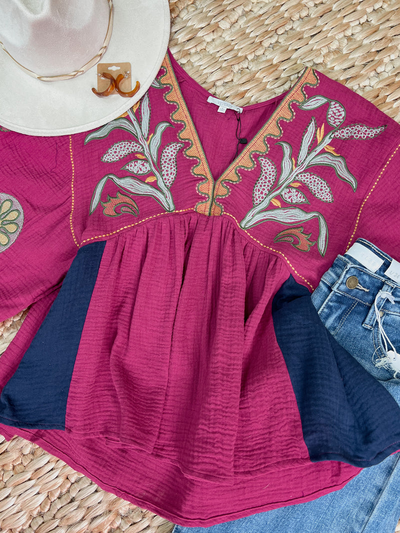 Fuchsia Gauze Embroidery Top