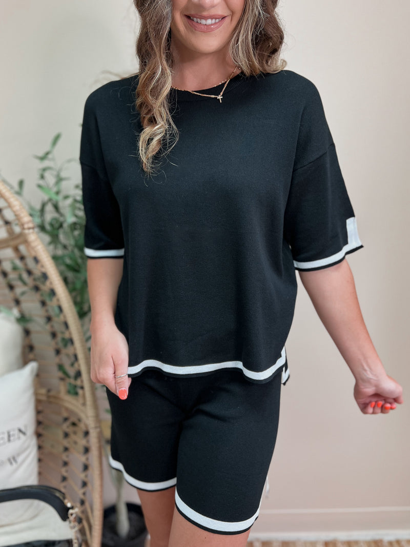 Black Contrast Trim Short Sleeve Top