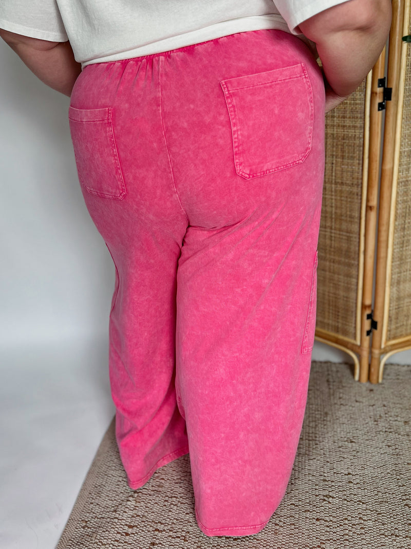 Curvy Pink Washed Cargo Pocket Detail Knit Pants