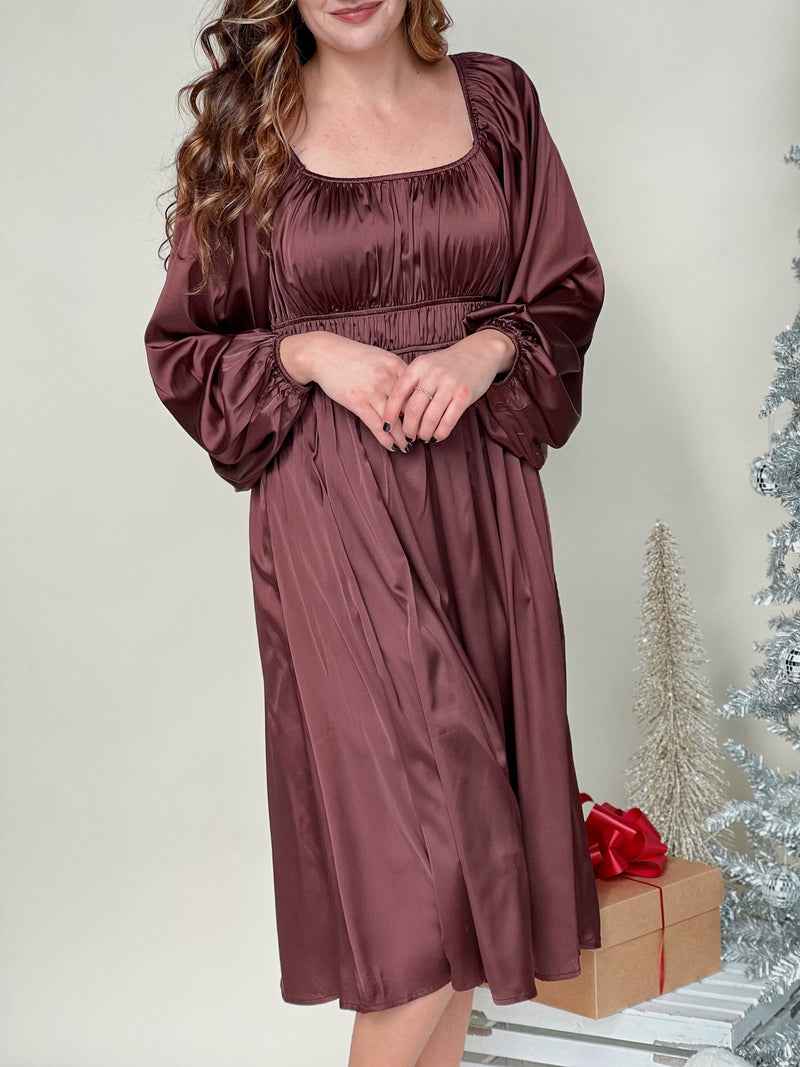 Burgundy Empire Waist Long Sleeve Satin Midi Dress