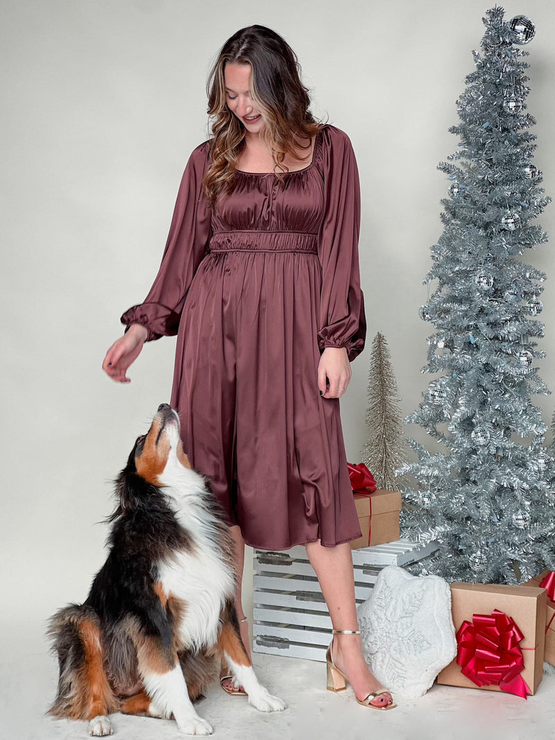 Burgundy Empire Waist Long Sleeve Satin Midi Dress