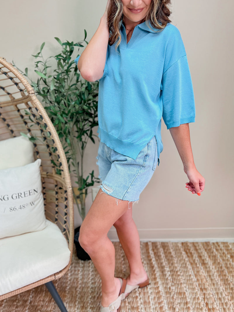 Light Blue Shirt Collar Light Knit Sweater Top (SM-XL)