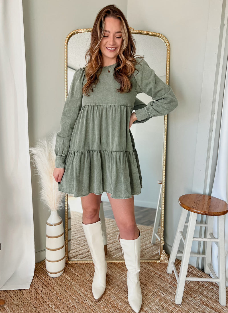 Olive Cotton Twill Baby Doll Dress