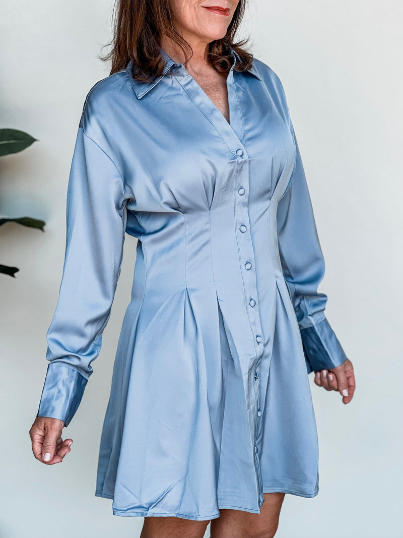 Light Blue L/S Satin Shirt Mini Dress