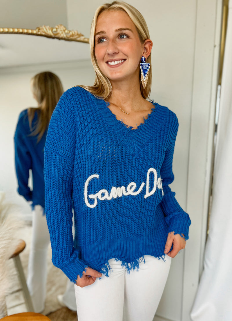 Game Day Corded Knit Distressed Sweater
