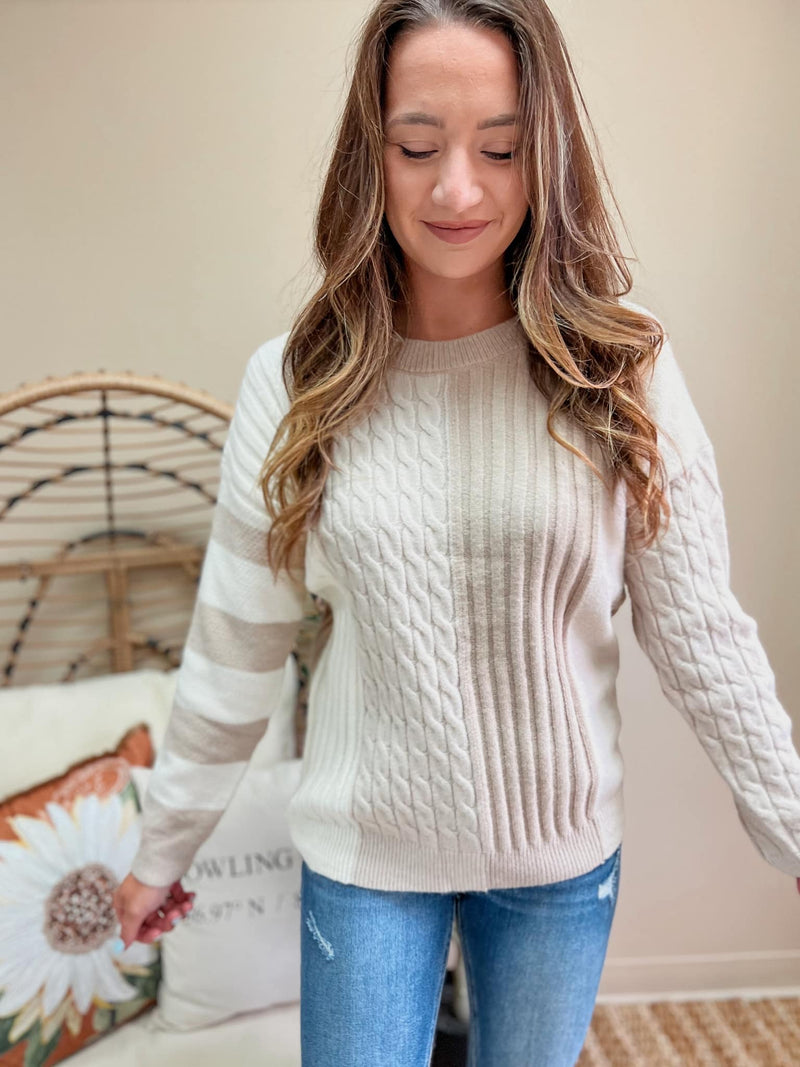 Cable-Knit Color Block Round Neck Sweater (S-XL)