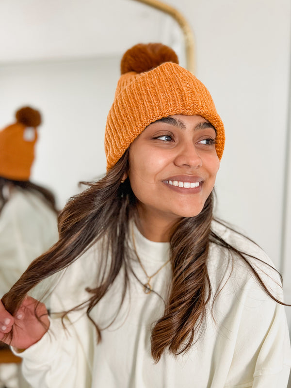 Rust Beanie With Brown Pom