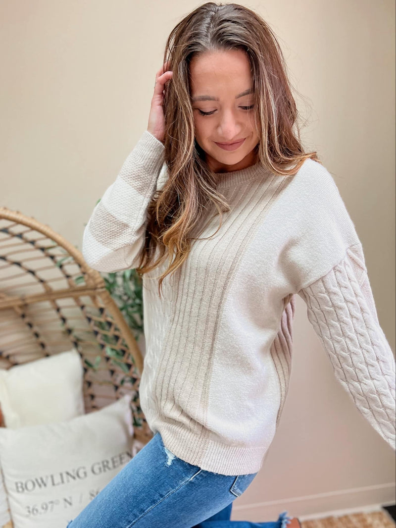 Cable-Knit Color Block Round Neck Sweater (S-XL)