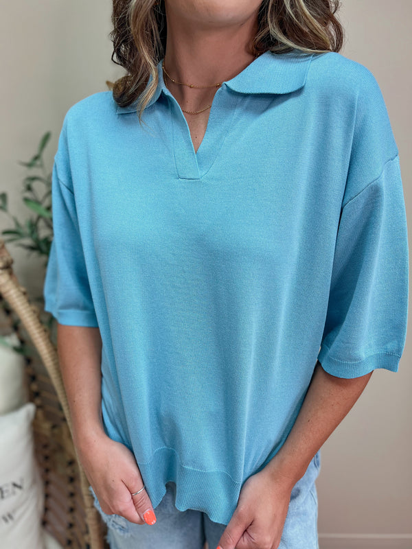 Light Blue Shirt Collar Light Knit Sweater Top (SM-XL)