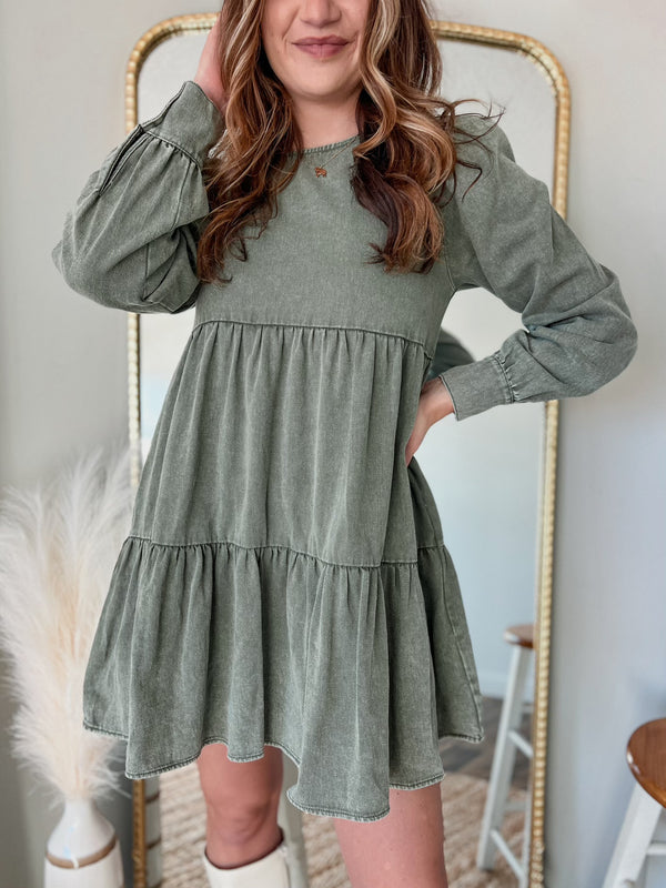 Olive Cotton Twill Baby Doll Dress
