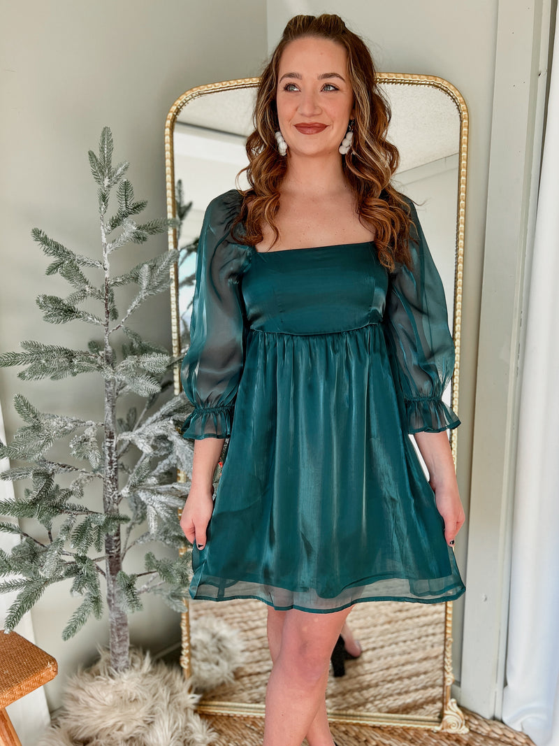 Hunter Green Satin Baby Doll Dress