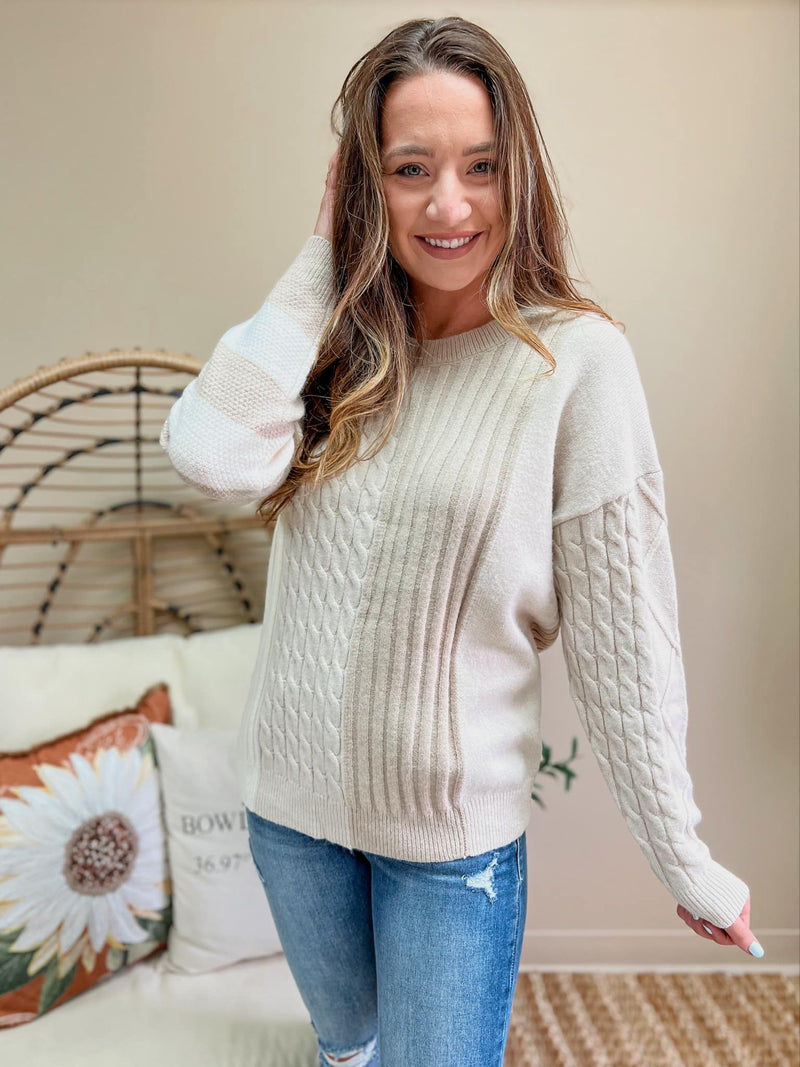 Cable-Knit Color Block Round Neck Sweater (S-XL)