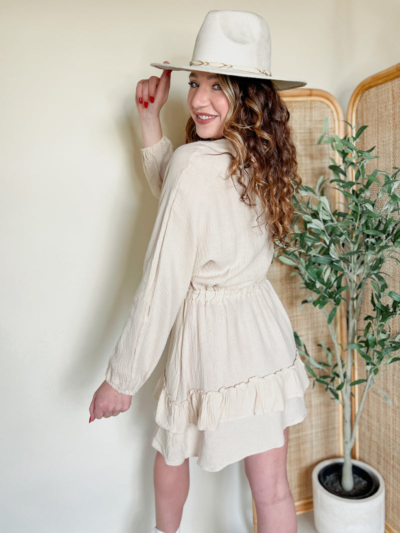 Effortlessly Chic Natural Balloon Sleeve Mini Dress