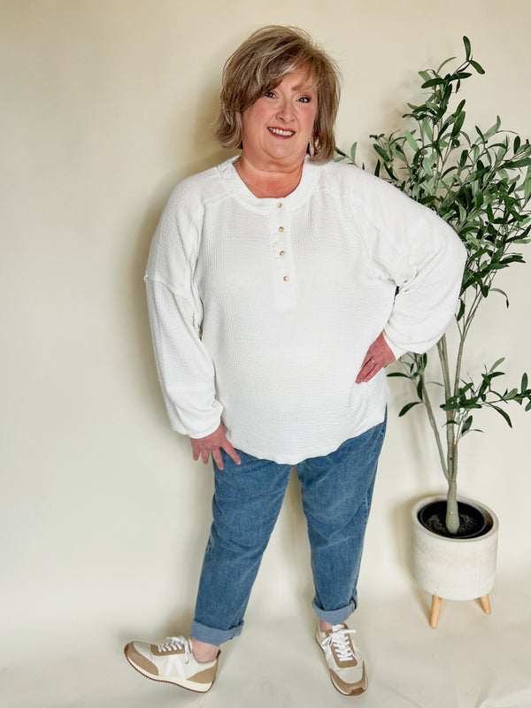 Curvy White Ribbed Knit Henley Top