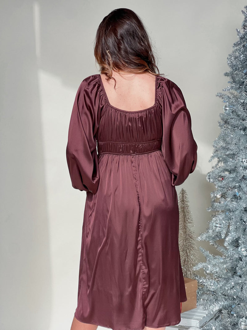 Burgundy Empire Waist Long Sleeve Satin Midi Dress