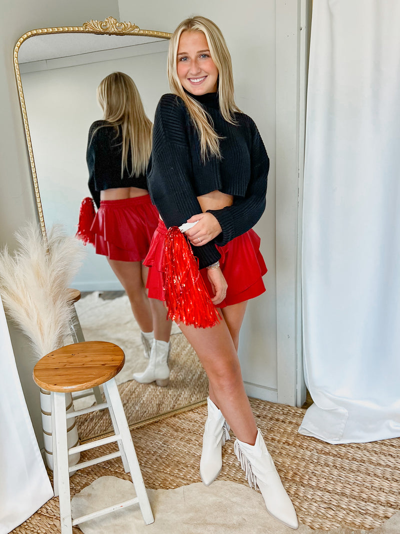 Red Tiered Ruffle Pleather Shorts